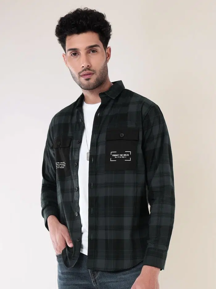 Dual Pocket Dark Blue Checked Shirts for Men