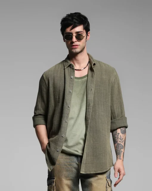 Green Acid Washed Cotton Shirt - Image 2