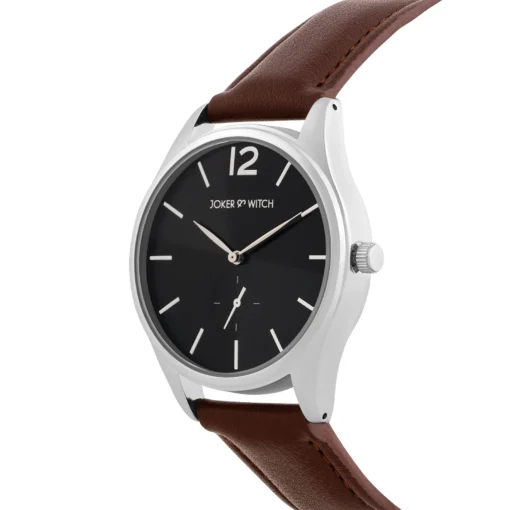 Steadfast Silver Men's Watch with Black Dial and Brown PU Strap - Image 4